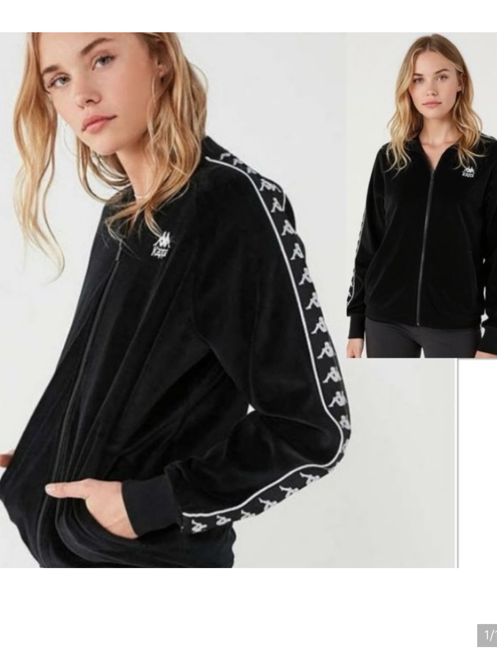 Kappa Black Velvet Rhinestone Bling Track Zipper Jacket Womens L